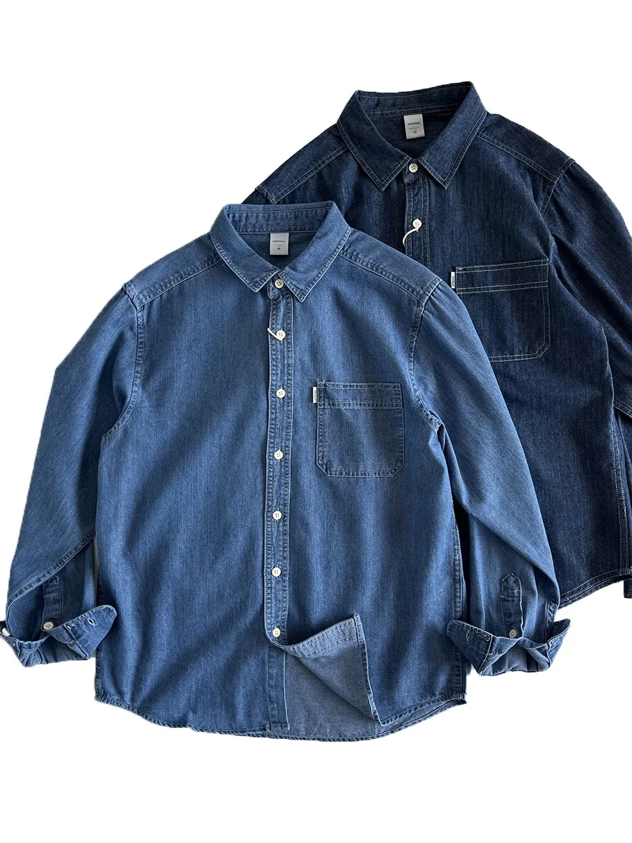 

Retro Waed Cotton Denim Long Sve irt Men's Loose Commute Workwear irt Trendy Small Outerwear Button Decorated Standa...