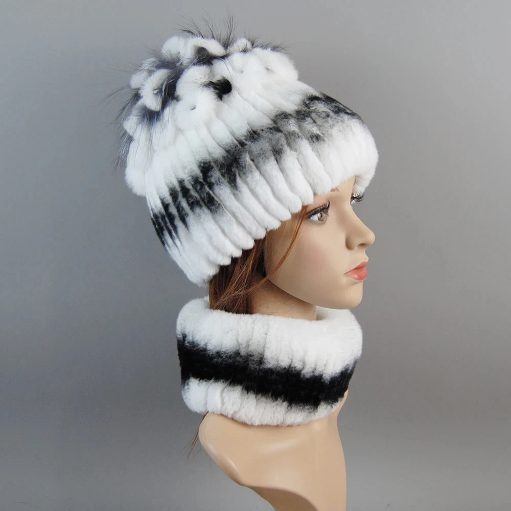 Good Elastic Winter Women Warm Natural Rex Rabbit Fur Muffler Cap Real Fur Scarves Hats Ladies Real Rex Rabbit Fur Scarf Hat Set