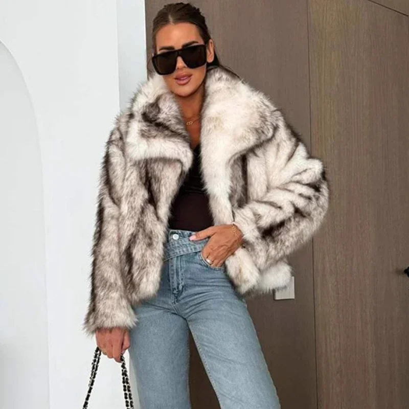 Abrigo de piel degradado a la moda para mujer, abrigo de piel sintética Maomao de manga larga con solapa, chaquetas cálidas para invierno para mujer