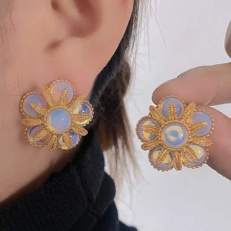 Antique protein glaze, classical high-end vintage stud earrings, fashionable high-end double-layer flower earrings, earrings,