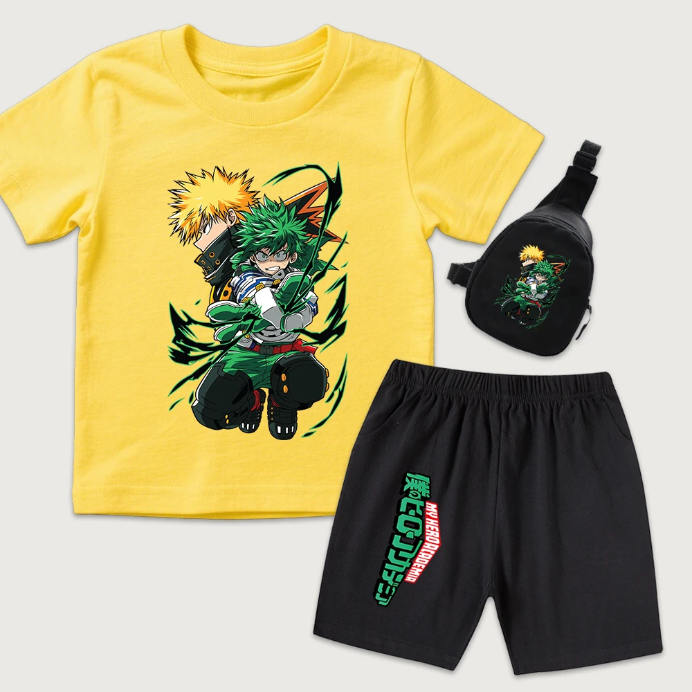 My Hero Academia Midoriya Katsuki Print Kids Cotton T Shirt Shorts Set with Mini Chest Bag 3 Piece Boys Girls Summer