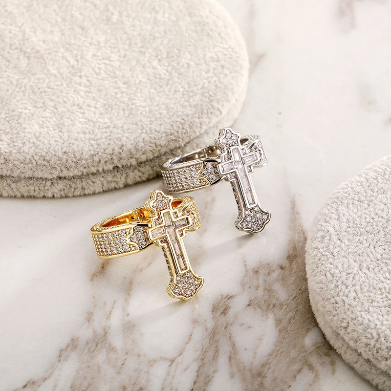 Hip Hop 5A+ CZ Stone Paved Bling Iced Out Double Cross Finger Rings Men Hollow Ring for Man Rapper Jewelry Gold Silver Color