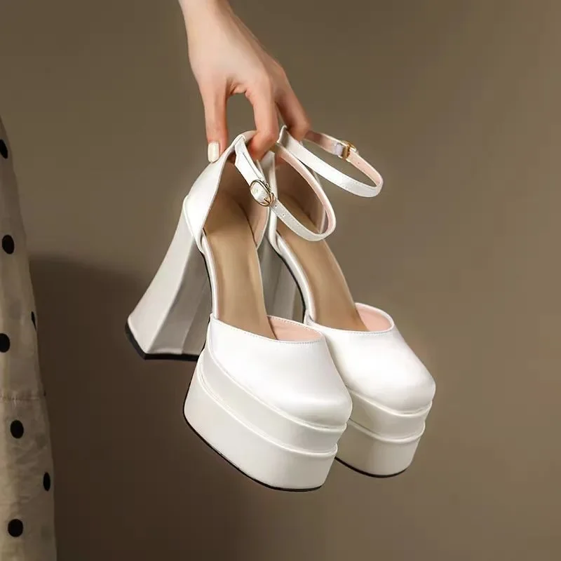Super High Heel Party Modern Sandals Buckle Strap Square Heel 2024 High Quality Ladies Shoes Solid Shallow Fashion Sandals