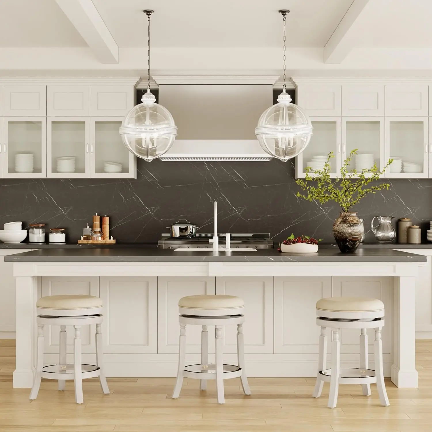 Palmer Lake 26' Counter Stool, White with Beige Fabric, Swivel, Contemporary Indoor Bar Stool