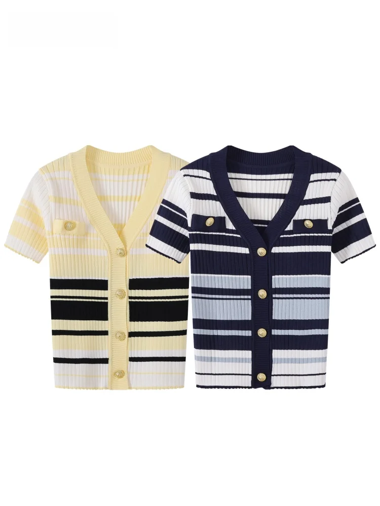 

JZZDEMM Women's Slim Fit Summer Knitted ort Sve Open Cardigan Striped Pattern Vintage Commute Sle V-Ne Button Design
