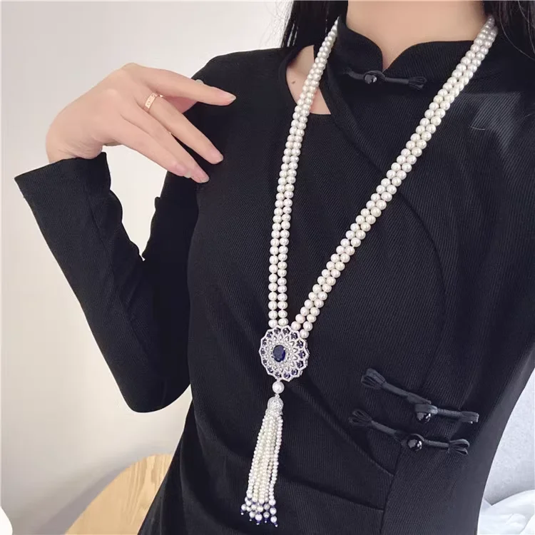

28" 2 Strands Cultured White Pearl Necklace CZ Pave Pendant