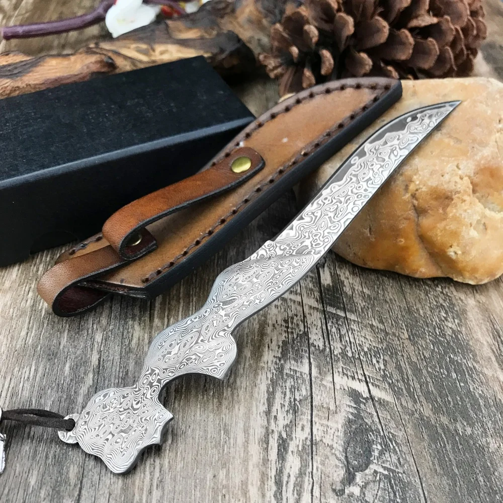 

Mini Fixed Blade Knife Collectible Damascus Steel Knife Wilderness Survival Outdoor Knife Portable Hiking Tool with Holster
