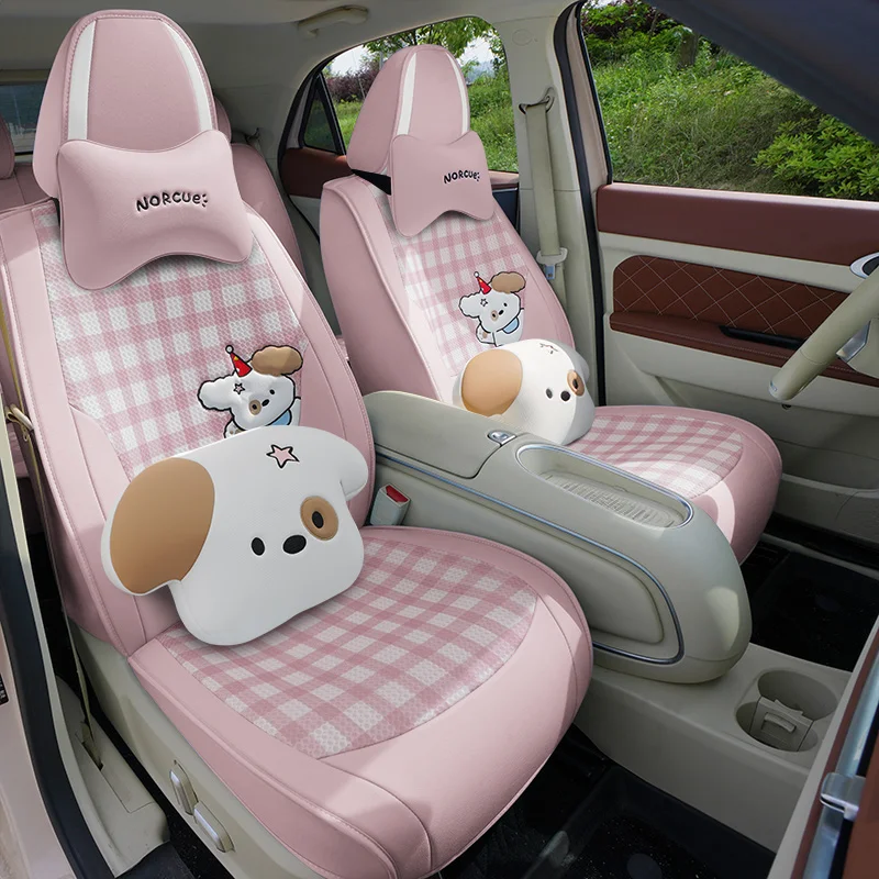 Cartoon Dog Car Seat Cover Set for Women Universal Breathable Leather Front And Back Seat Cushion Protector Interior Accessories