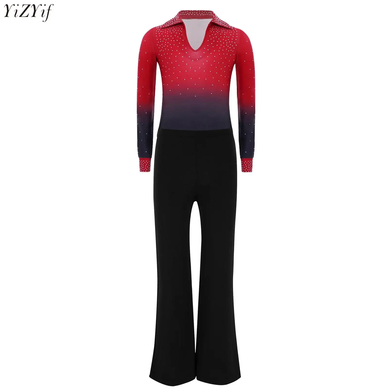 

2Pcs/Set Kids Boys Jazz Latin Dance Costume Turn-Down Collar Long Sleeve Shiny Rhinestones Gradient Color Leotard+Flared Pants