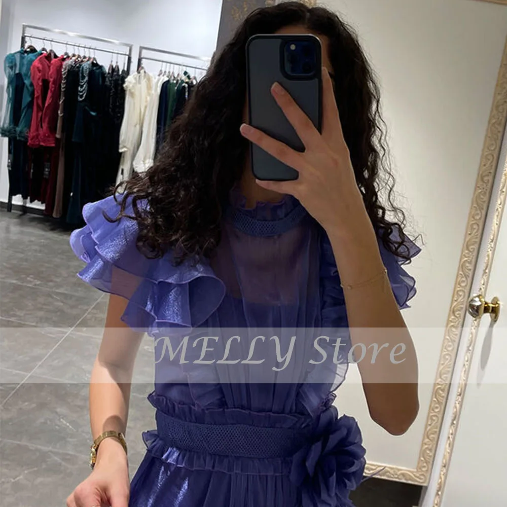 Pastrol Evening Dresses For Women O-Neck Short Sleeve Zipper Prom Dresses Taffeta With Flower A-Line Sweep Train Robes De Soirée