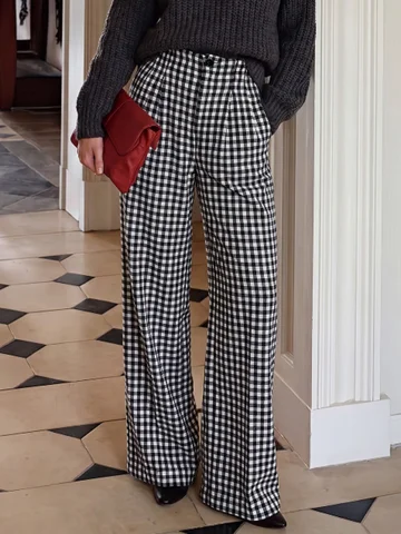 Women Plaid Wide Leg Pants High Waist Loose Casual Full Length Autumn Winter Trousers