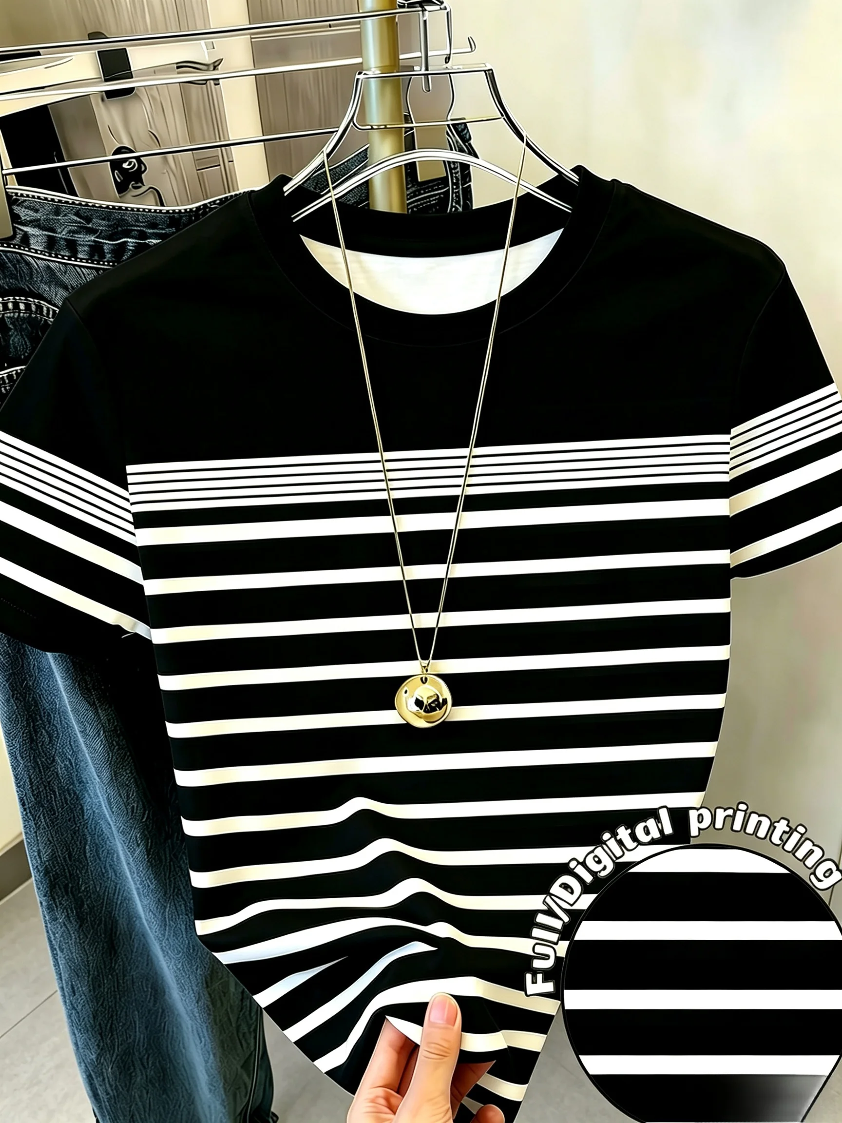 Men Mesh Sports T‑Shirt Black White Thin Horizontal Stripe O‑Neck Short Sleeve Summer Slim Fit Digital Print Casual Top