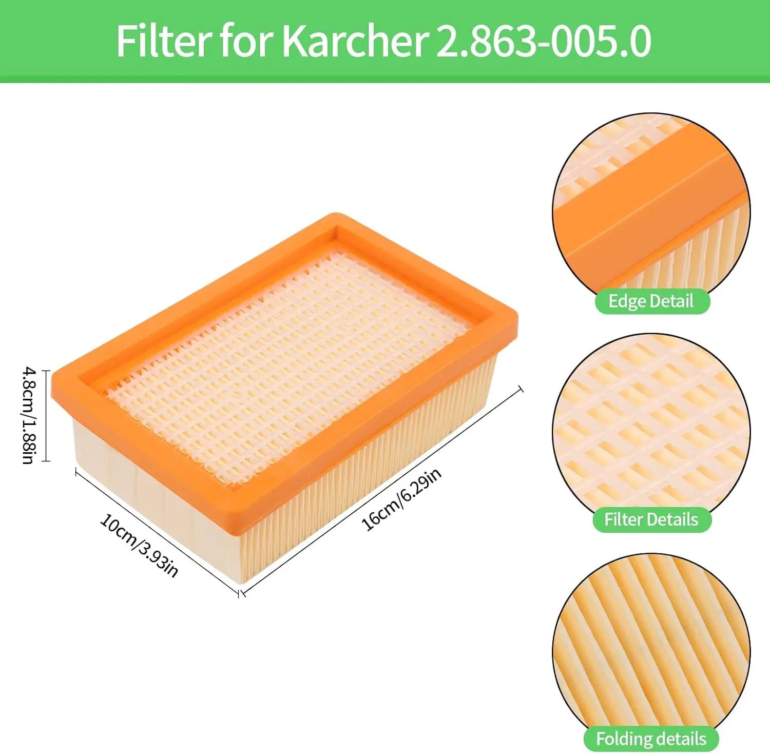 Filter for Karcher WD4, WD5, WD6, MV4, MV5, MV6 Wet & Dry Vacuum Cleaner, Flat Pleated Premium Filter for Karcher, 2.863-005.0