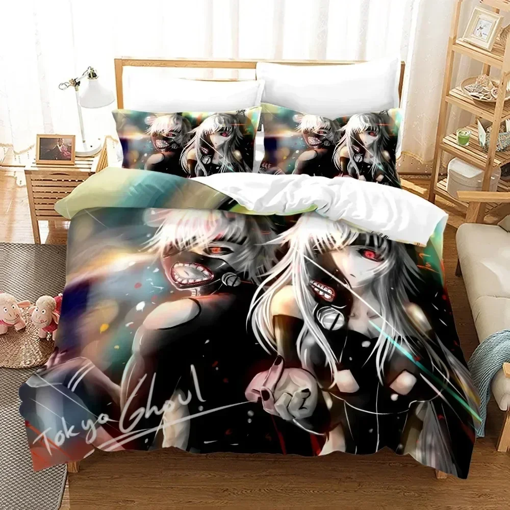 Conjunto de Cama 3D Anime Tokyo Ghoul Kaneki Ken com Capa de Edredom e Fronha, Conjunto de Roupa de Cama em Linho, Capa de Colcha Tamanho Queen e King