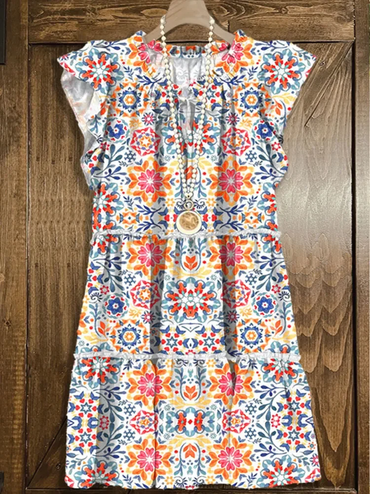 

Vintage Graphic Print Ruffled Midi Dress