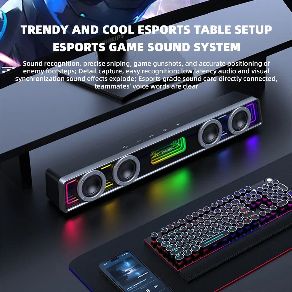 PHILIPS SPA6600 Wireless USB Subwoofer Soundbar Low Latency Four Unit Stereo RGB Gaming Powerful Speaker for Music Theater