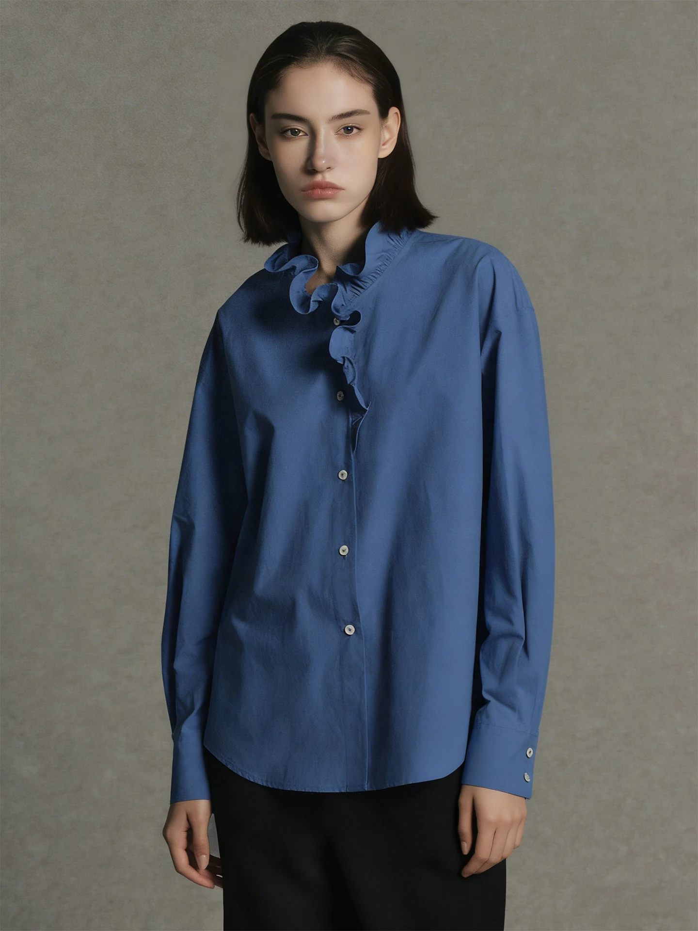 

Retro Style Blue Long Sleeve Women's Shirt Stand Collar Loose Commute Top Floral Lace Hem Breathable Comfortable Spring Fashion