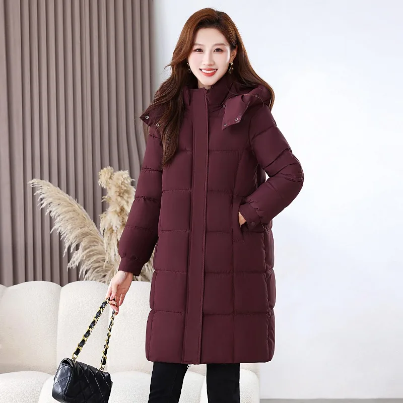Winter Warm Longline Puffer Coat Women Hooded Quilted Padded Jacket Detachable Hood Zip Up Thickened Thermal Windproof Outerwear