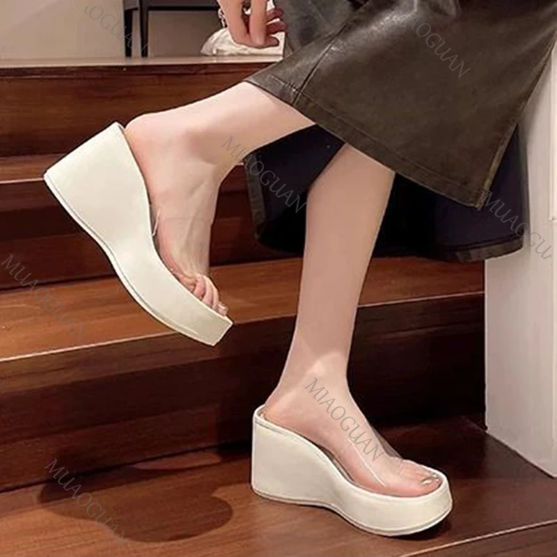 Summer New Thick Bottom High Heel Slippers for Women Fashionable PVC Transparent Belt Wedges Sandals Platform Casual Slides Shoe