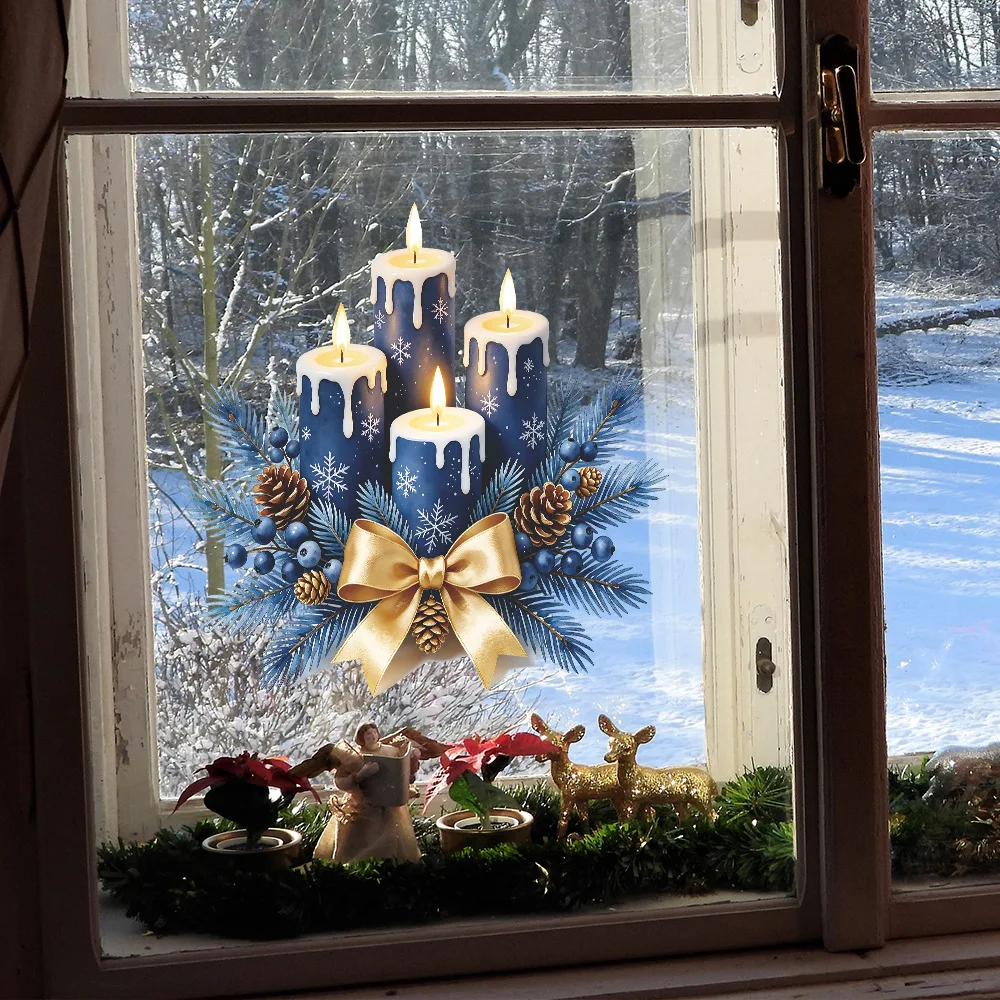 Christmas Window Clings Colorful Candle Bow Pine Cone Decals for Home Glass Window Xmas Holiday Decorations