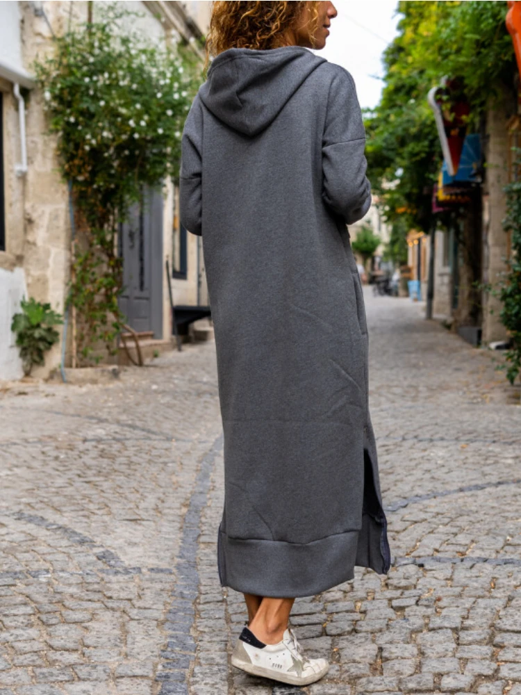 Autumn and Winter Fashion New Women\'s Warm and Loose Hoodie Dress Commuting Style Casual Hooded V-neck Slit Hoodie Long Skirt