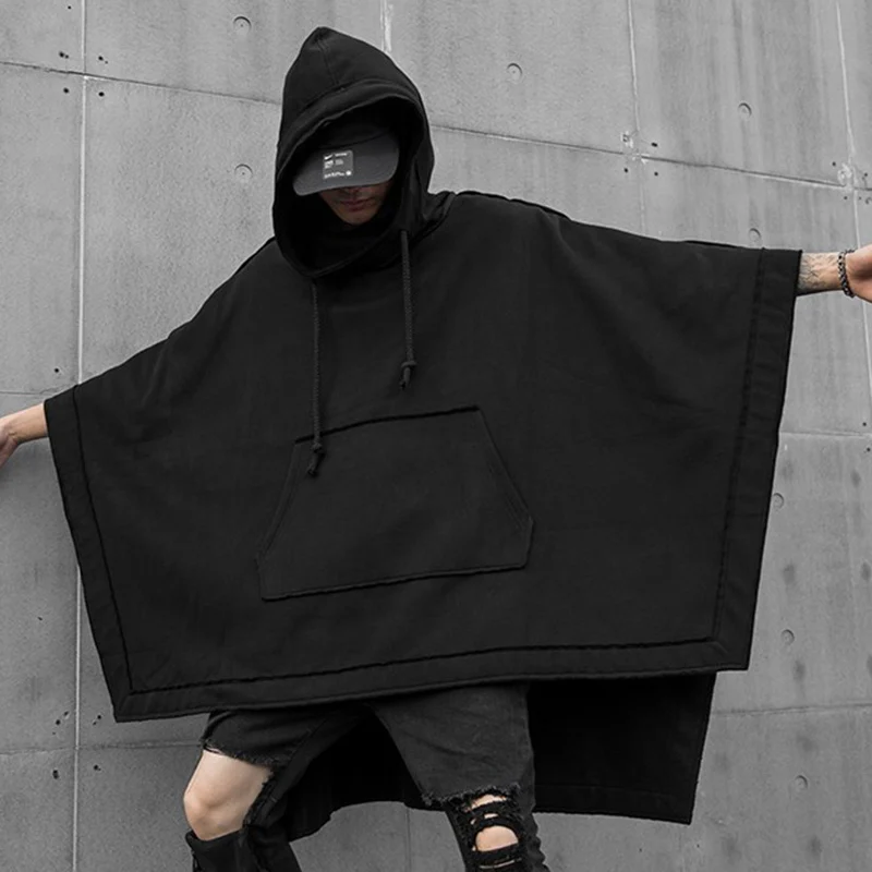 PFNW Darkwear Men's Hoodies Solid Color Hooded Drawstring Bat Cape Big Pockets Sprng Male Clothing New Simple 2025 New 12A5333