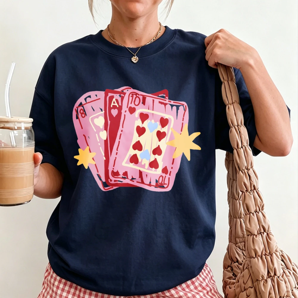 Women Cotton Short Sleeve T Shirt Vintage Distressed Pink Heart Playing Cards with Yellow Stars Print Poker Game Aesthetic Tops
