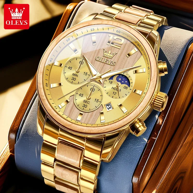OLEVS 3645 Men Watch Unique Steel Wood Clock Multi functional Moonphase Timing Watch Luxury Sports Quartz Watch