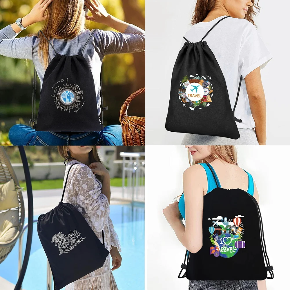 Mochilas de lona casual drawstring duplo ombro sacos mulheres grande capacidade saco de armazenamento de compras viagem impressão simples mochila