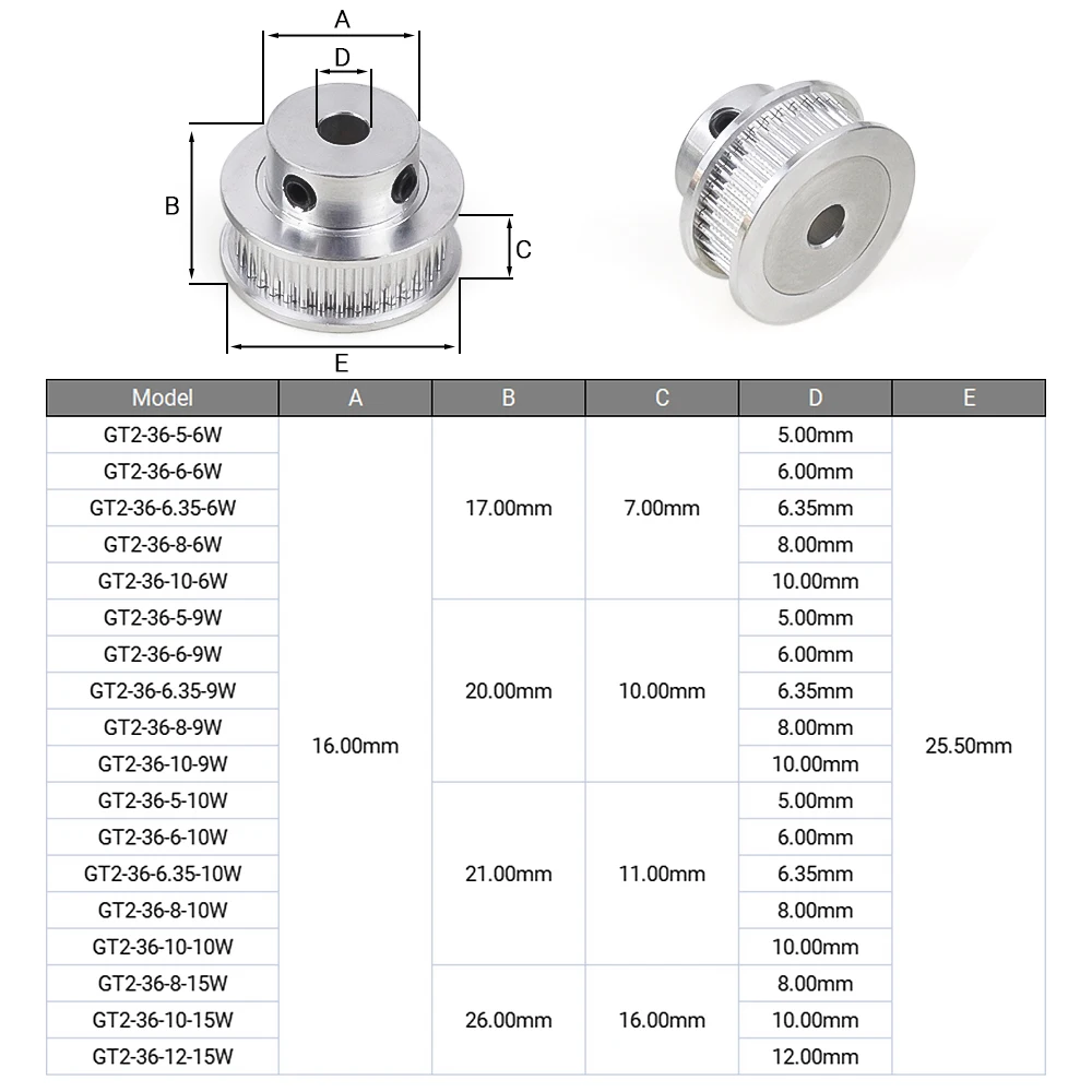 2Pcs GT2 36 Teeth Aluminum 2GT Timing Pulley Bore 5mm/6mm/6.35mm/8mm/10mm/12mm Belt Width 6mm/9mm/10mm/15mm for 3D Printer Parts