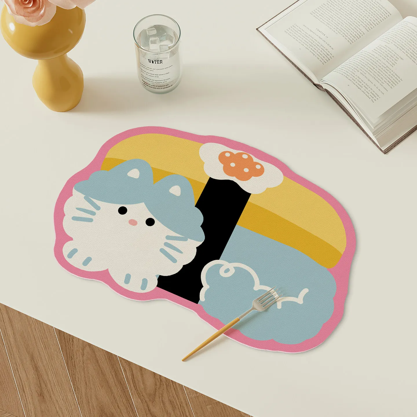 VIKAMA cartoon cat cloud pattern easy clean kitchen mat kawaii cute irregular shape kitchen countertop absorbent non slip pad