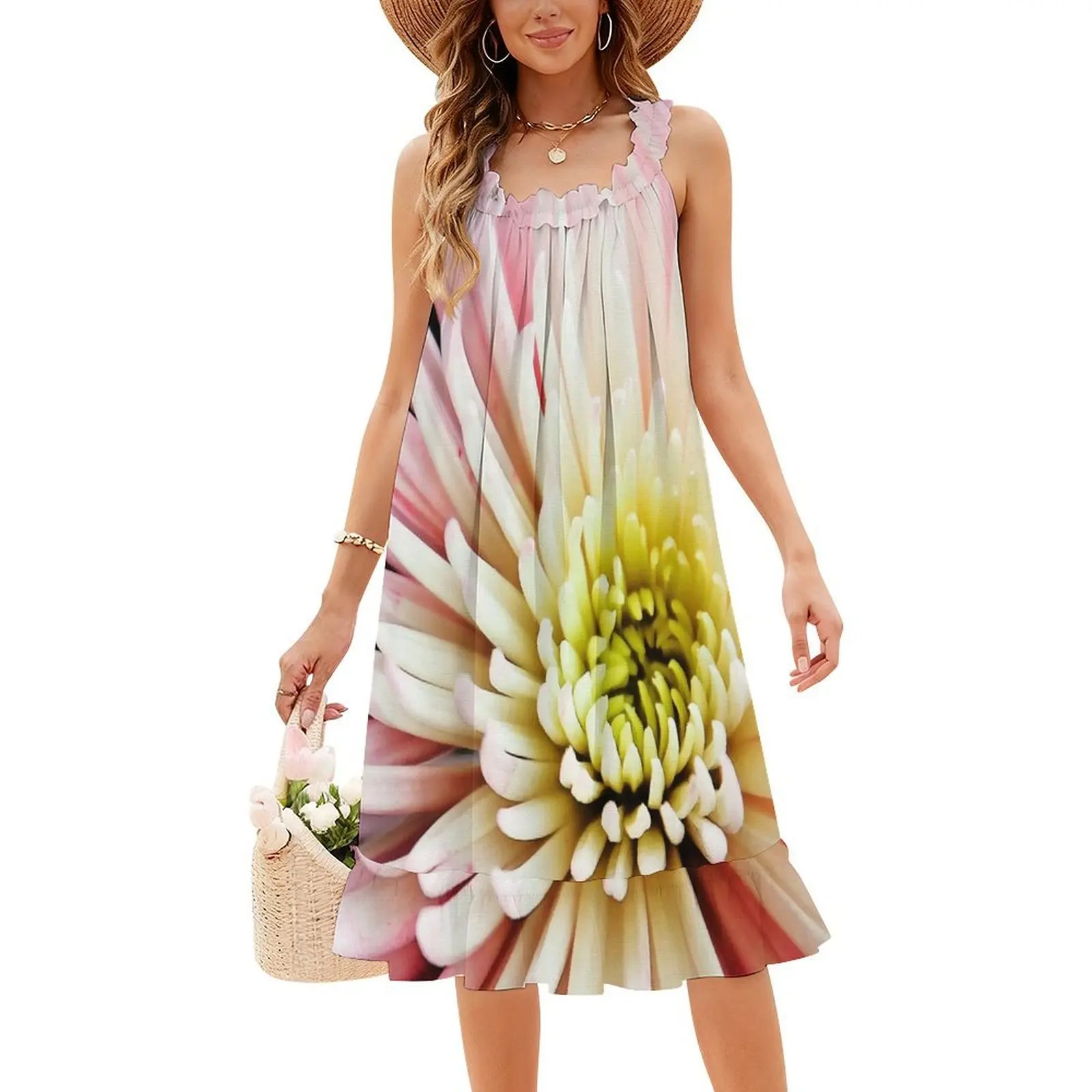 تتفتح زهرة الأقحوان البوهيمي بلا أكمام فستان متعدد الطباعة شاطئ عطلة فستان الحفلات زهرة الأقحوان تزهر