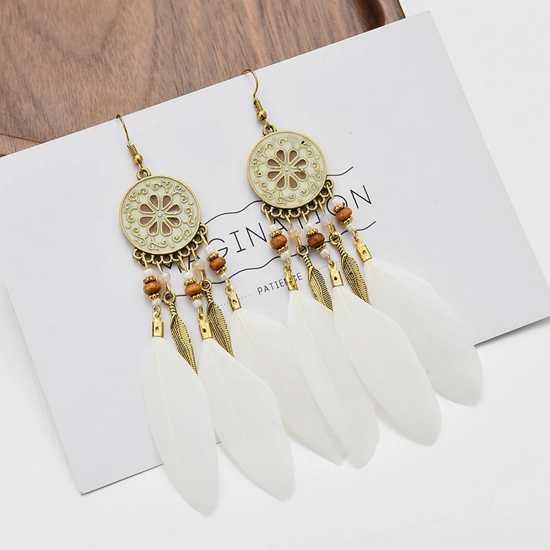 Bohemian Ethnische Lange Feder Ohrringe Boho Wasser Tropfen Gold Farbe Kette Quaste Ohrringe für Frauen Braut Hochzeit Schmuck – Detail 31