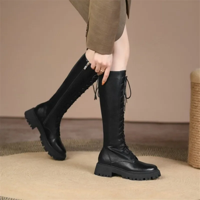 New Winter Knee-High Boots Split Leather Women Boots Chunky Heel Platform Shoes for Women Lace Women Shoes Knight Boots Woman