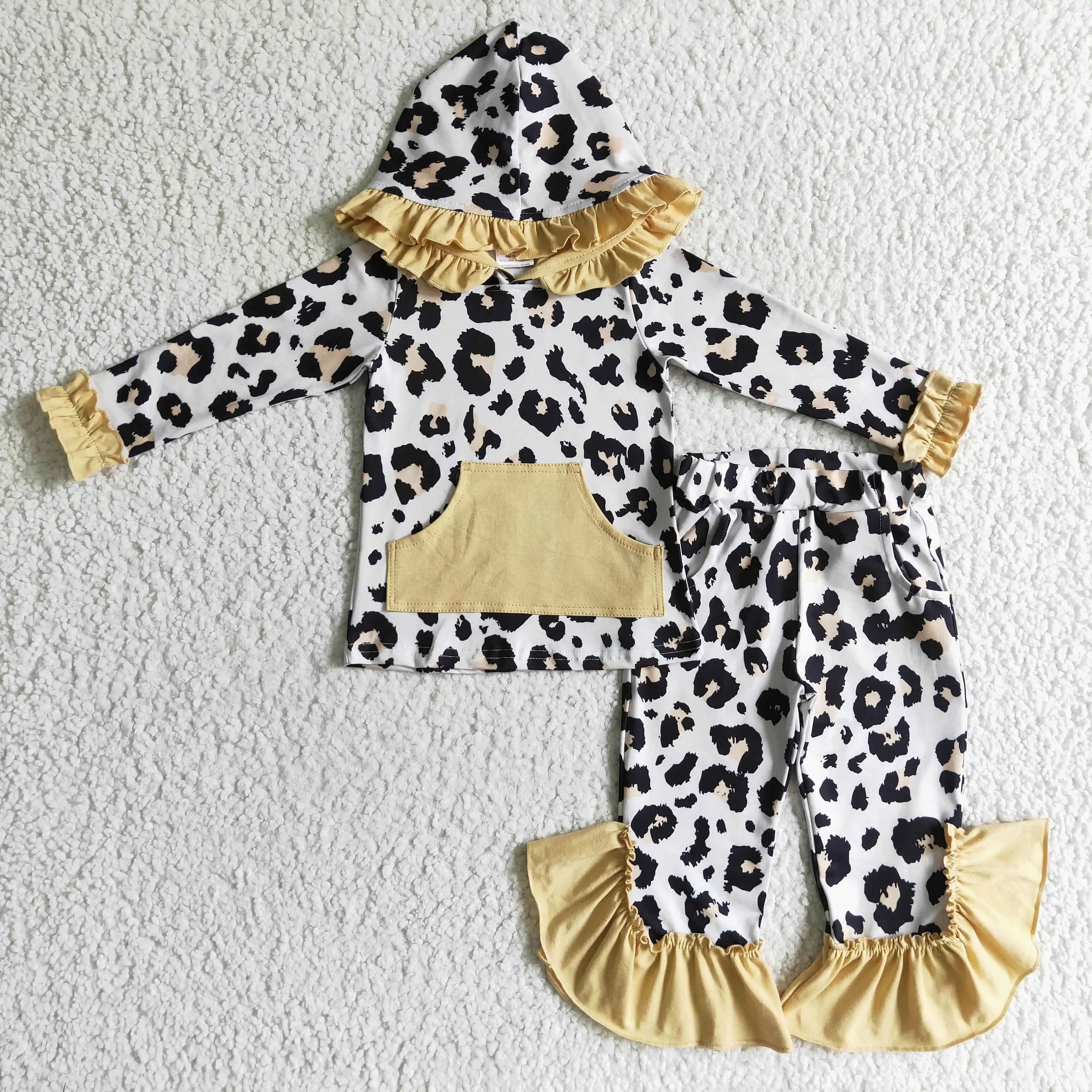 

Latest design RTS no moq ruffle baby girls winter clothes children's leopard outfits girls hooded clothing sets