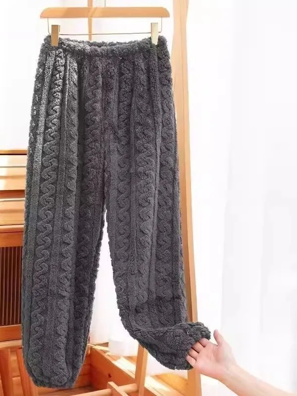 Double-Sided Coral Fleece Thickened Fleece Home Pants Women's Loose Warm Sleepwear Winter High Waist Long Pants Polyester