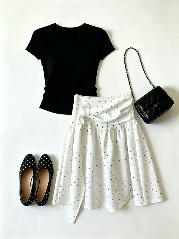 

plus Size Polka Dot A-Line Skirt Women's Summer Short Sleeve T-Shirt Set Elegant Design Lightweight Style