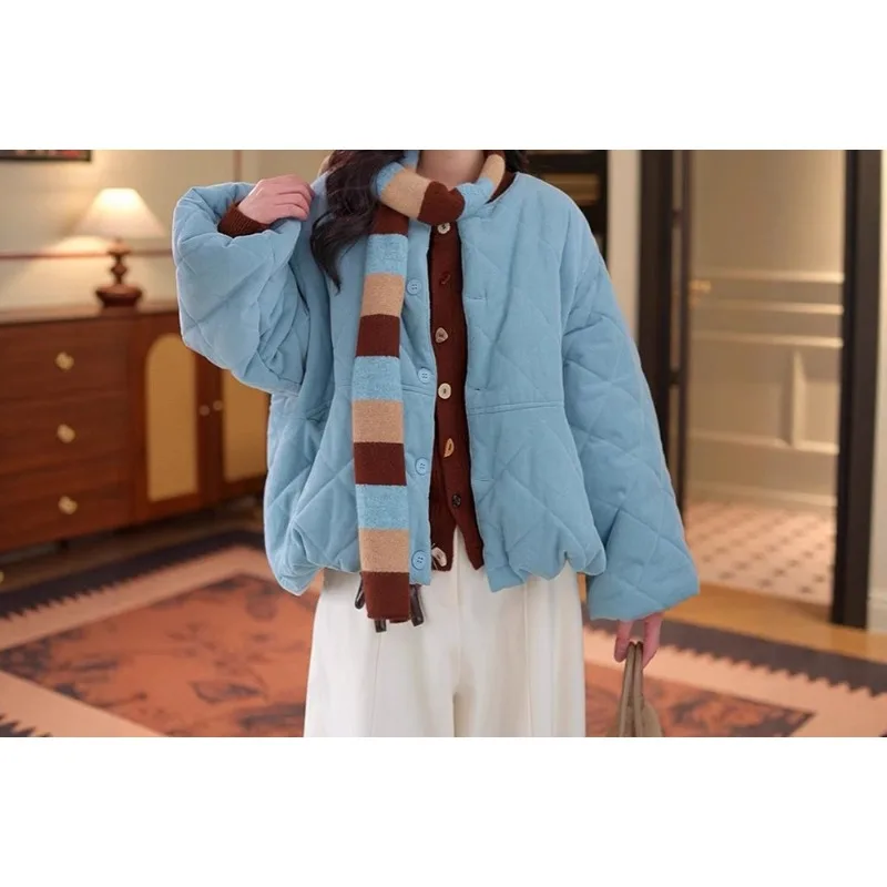 2026 Winter Design Sense Crew Neck Cotton Clothing Women's Korean Solid Color Loose Warm Cotton Jacket