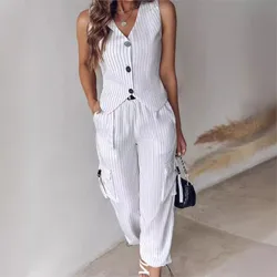 White Striped Vest Suit For Women Summer Casual V-neck Button Top Pocket Loose Pants Outfits Two-piece Suit For Women Elegant