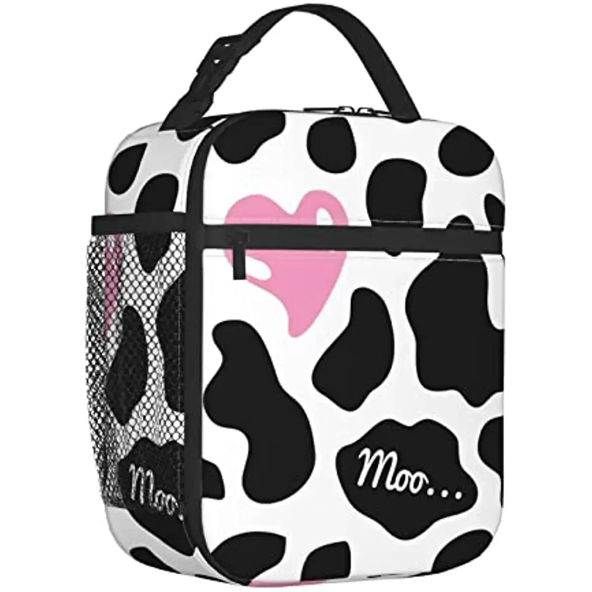 Black White Cow Print Pink Heart Cute Love Portable Lunch Bag Insulated Lunch Box Reusable Cooler Totes for Women Men Adults Kid