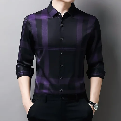 Imagen 2 del producto Camisa de solapa de manga larga estampada para hombre, Top cómodo sin arrugas, sin planchado, informal, primavera y otoño, nueva moda