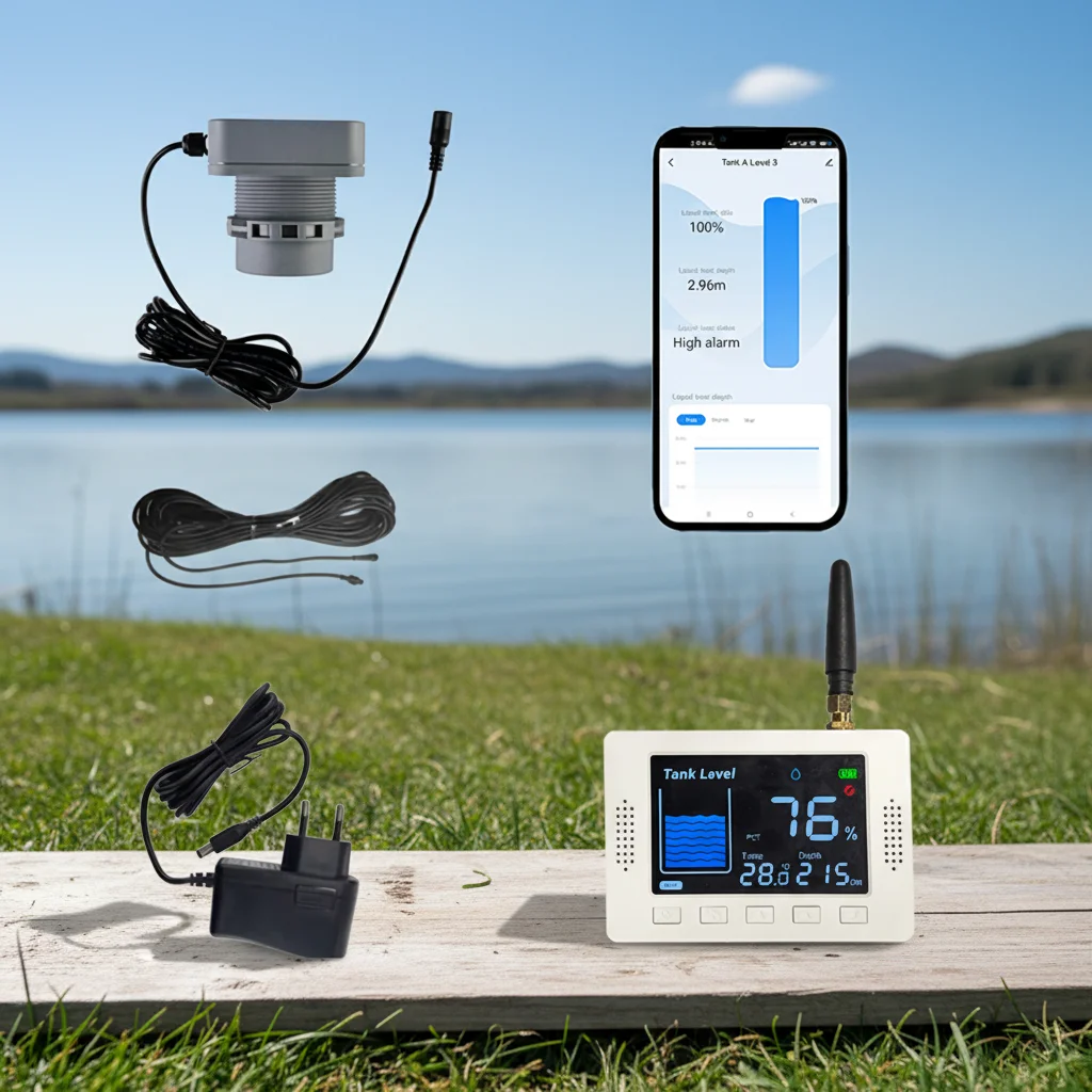10m Tuya Ultrasonic Water Level Display Controller, Long‑Range WiFi RS485 Smart Device for Water Tank Management