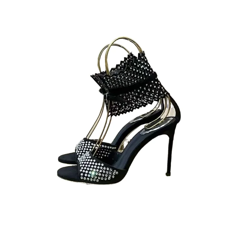 

Sandals women's summer 2025 new black rhinestone high heels stiletto sexy hollow open-toed women's shoes