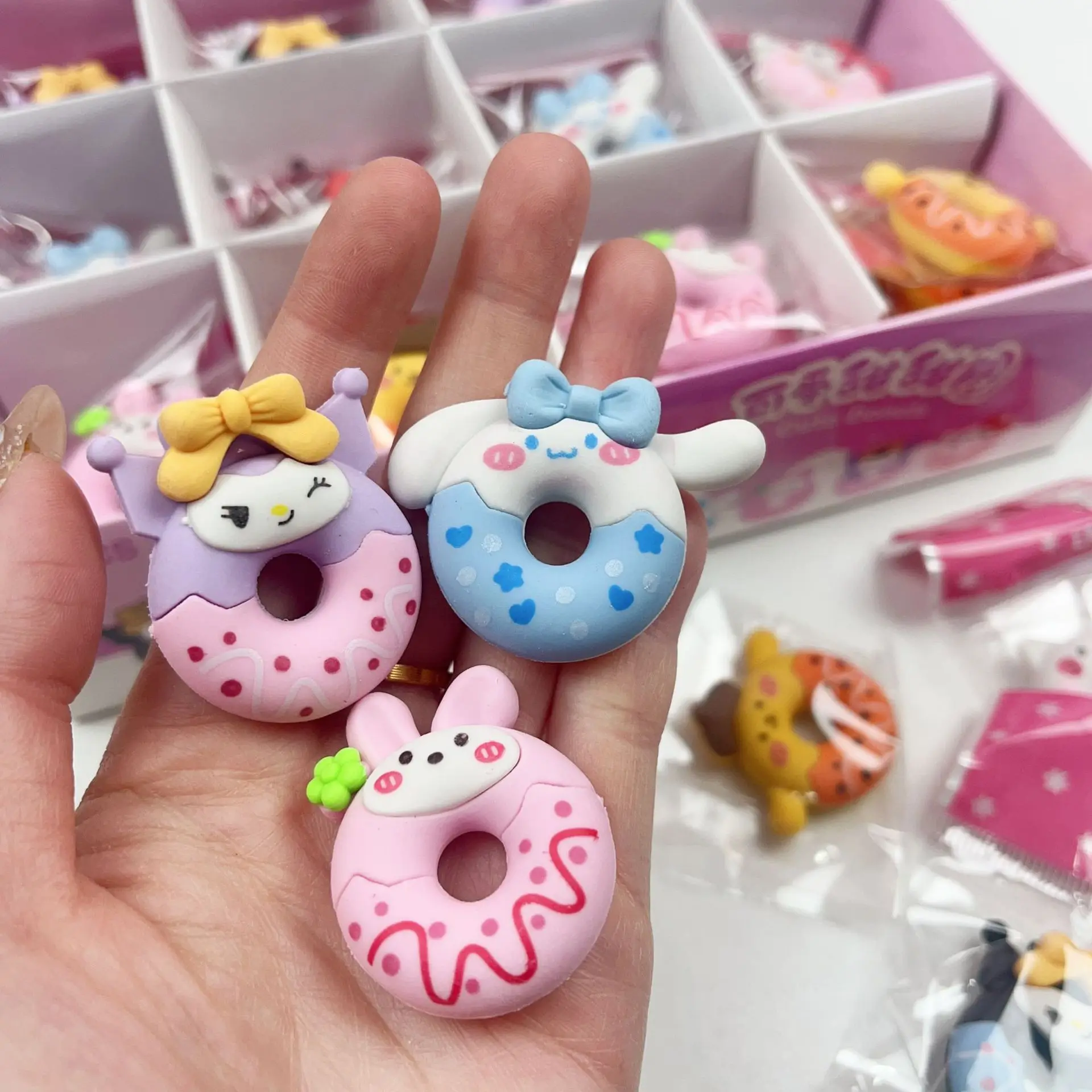 48pc box of Sanrio Kawaii Kuromi donuts pencil erasers cute cartoon mini shapes student prizes stationery pencil erasers