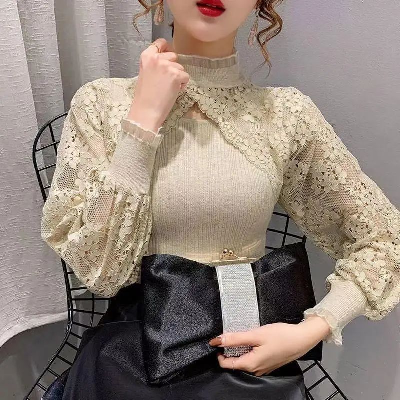 Elegant Stand Collar Lace Hollow Out Princess Sleeve Blouses Women Clothing 2024 Spring New Slim Korean Tops Office Lady Shirts