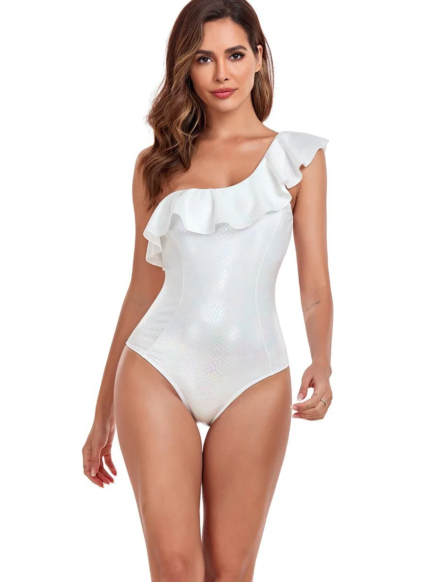 

Woman Swimwear Swimsuit Ruffle Trim Solid Color High Cut Leg Swimsuit Backless Bathing Suit White Tankini