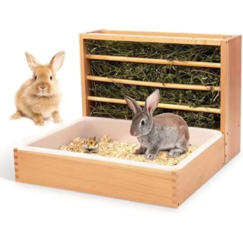 Wooden rabbit hay feeder, anti-waste, large-capacity guinea pig rabbit grass rack food basin, anti-overturning grass feeder