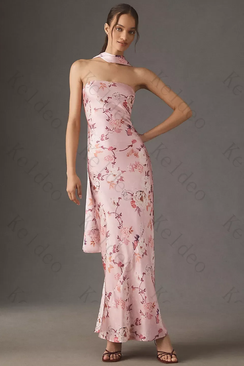Customized Exquisite Sheath Wedding Dresses High Quality Strapless Detachable Scarf Floral Print Satin Ankle‑Length Bridal Gowns