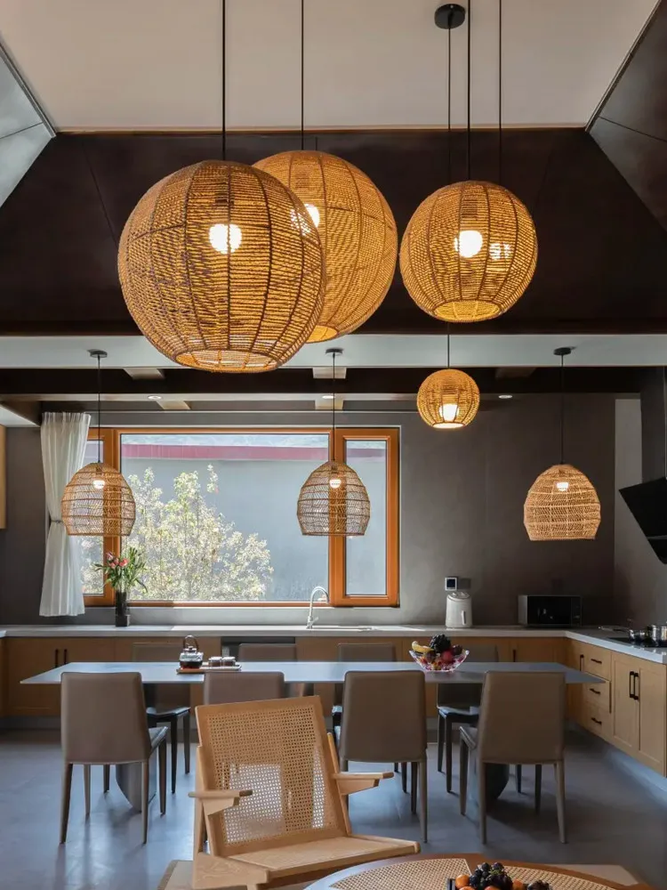 Japanese style single head lamp, dining table pendant light, hemp rope bedroom, living room, dining room, bedroom, sun lamp