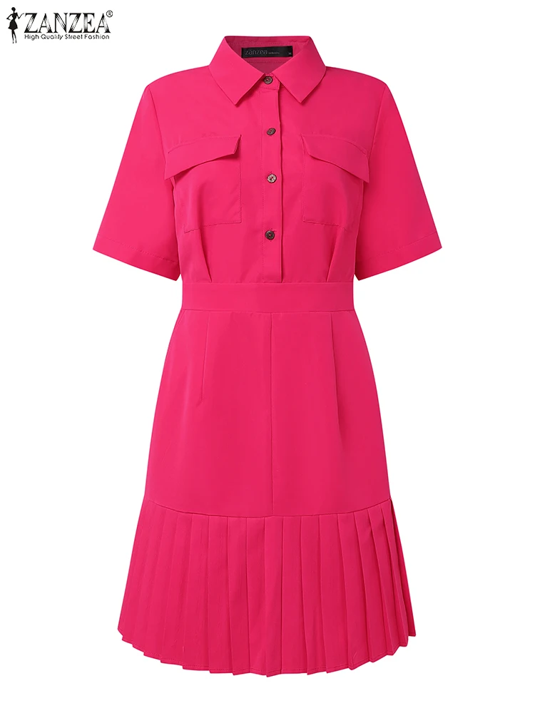 Sukienka damska ZANZEA na co dzień z krótkim rękawem, plisowana sukienka letnia z kołnierzykiem, jednolita kolorystycznie, krótka sukienka na imprezę, Vestidos Femme Robe, 2025